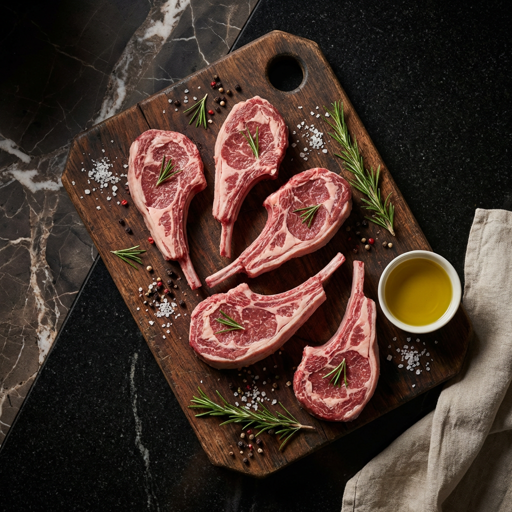 Lamb chops with rosemary and spices on a wooden butcher's board